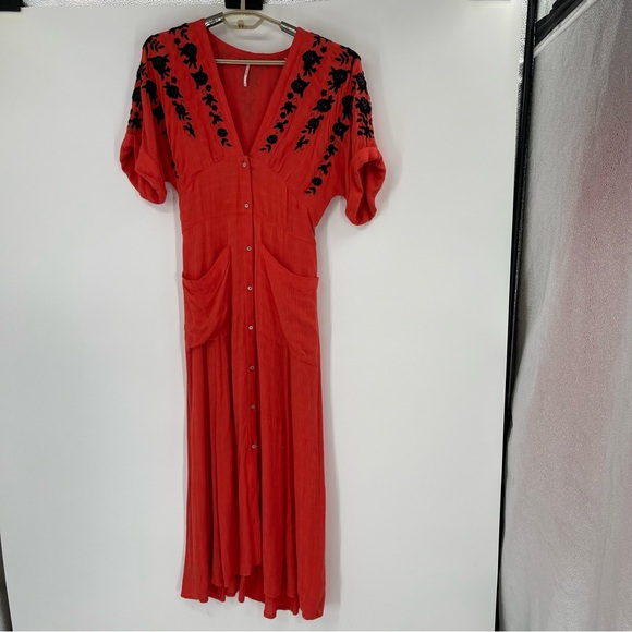 Free People Love to Love You Reddish Orange Embroidered Button-Up Midi Dress - Picture 16 of 16